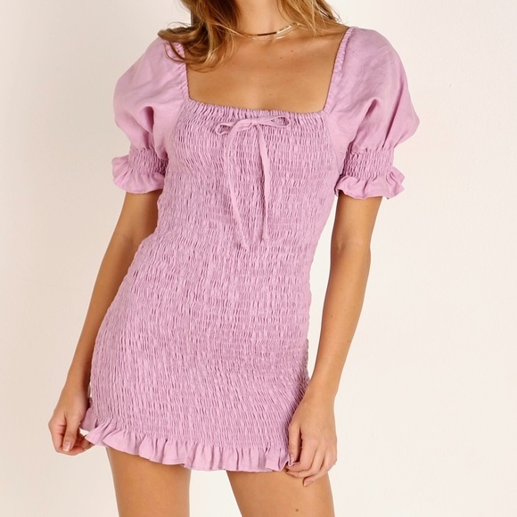 Faithfull the brand Annibelis Smocked linen Mini Dress purple - Picture 2 of 10
